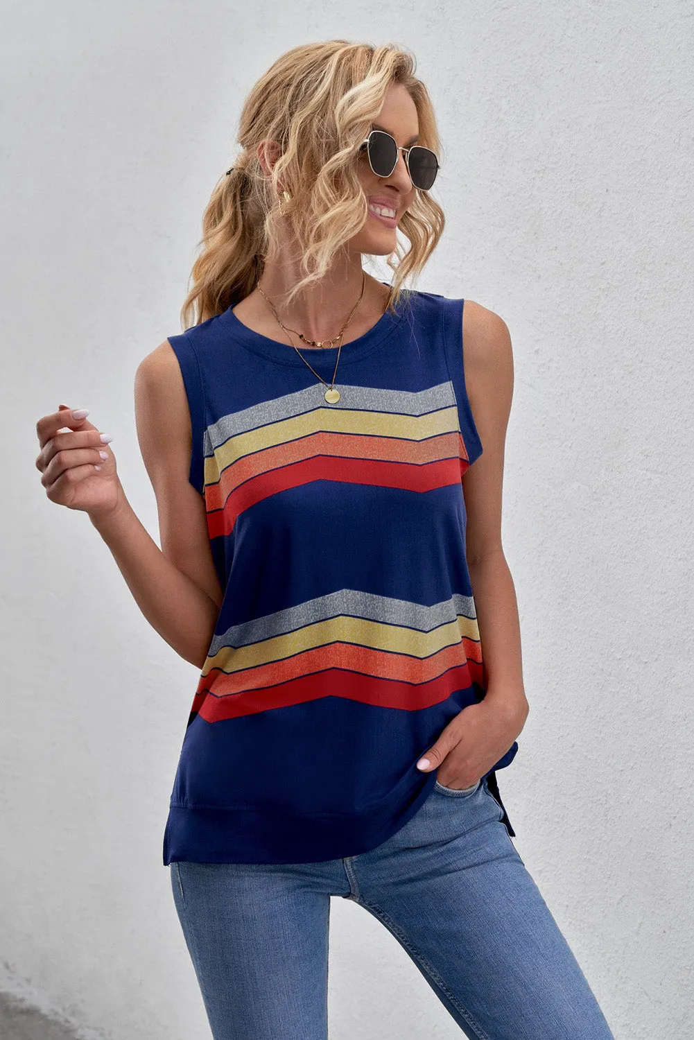 Women Crew Neck Tank Tops Summer Colorblock Sleeveless Stripes Shirts