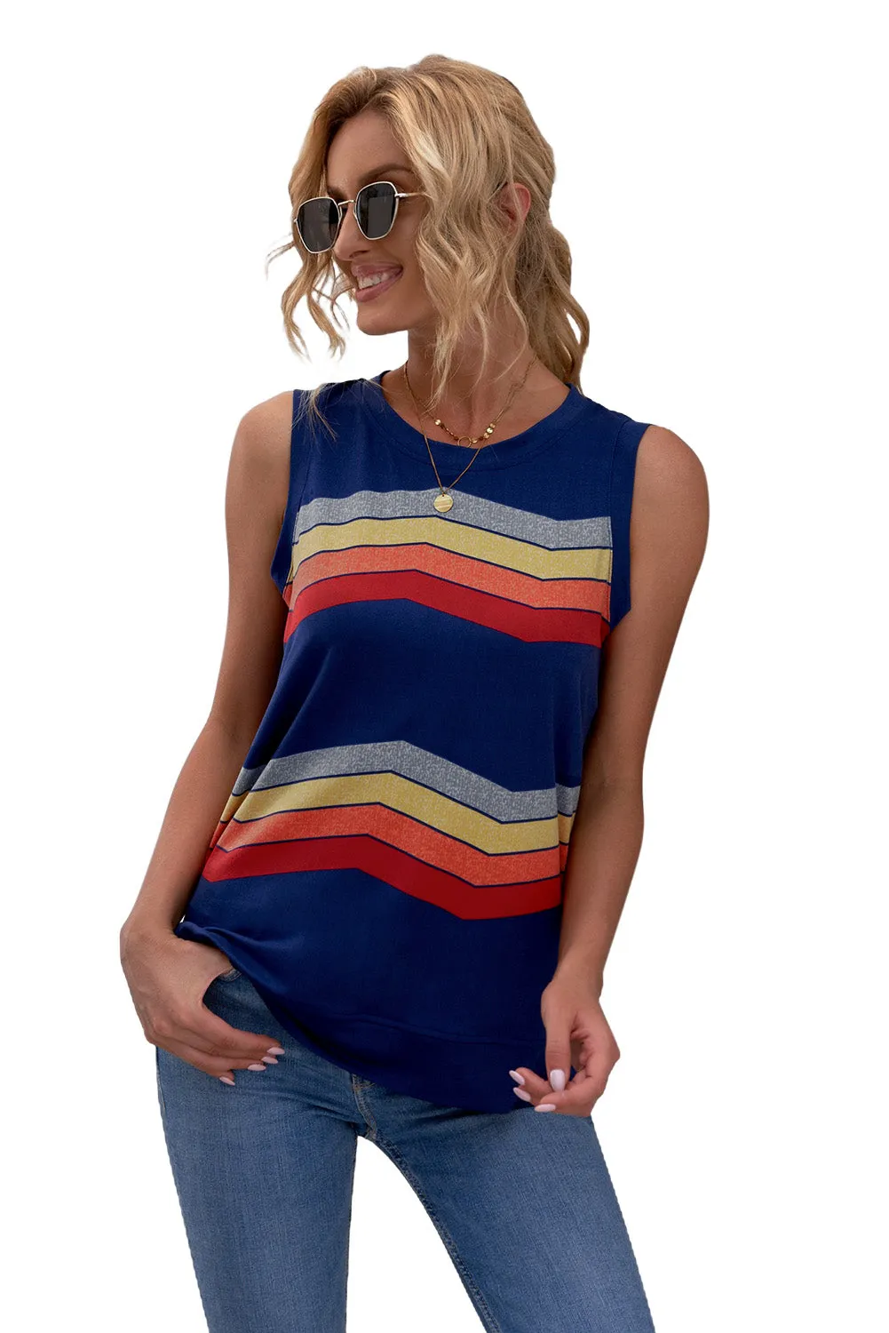 Women Crew Neck Tank Tops Summer Colorblock Sleeveless Stripes Shirts