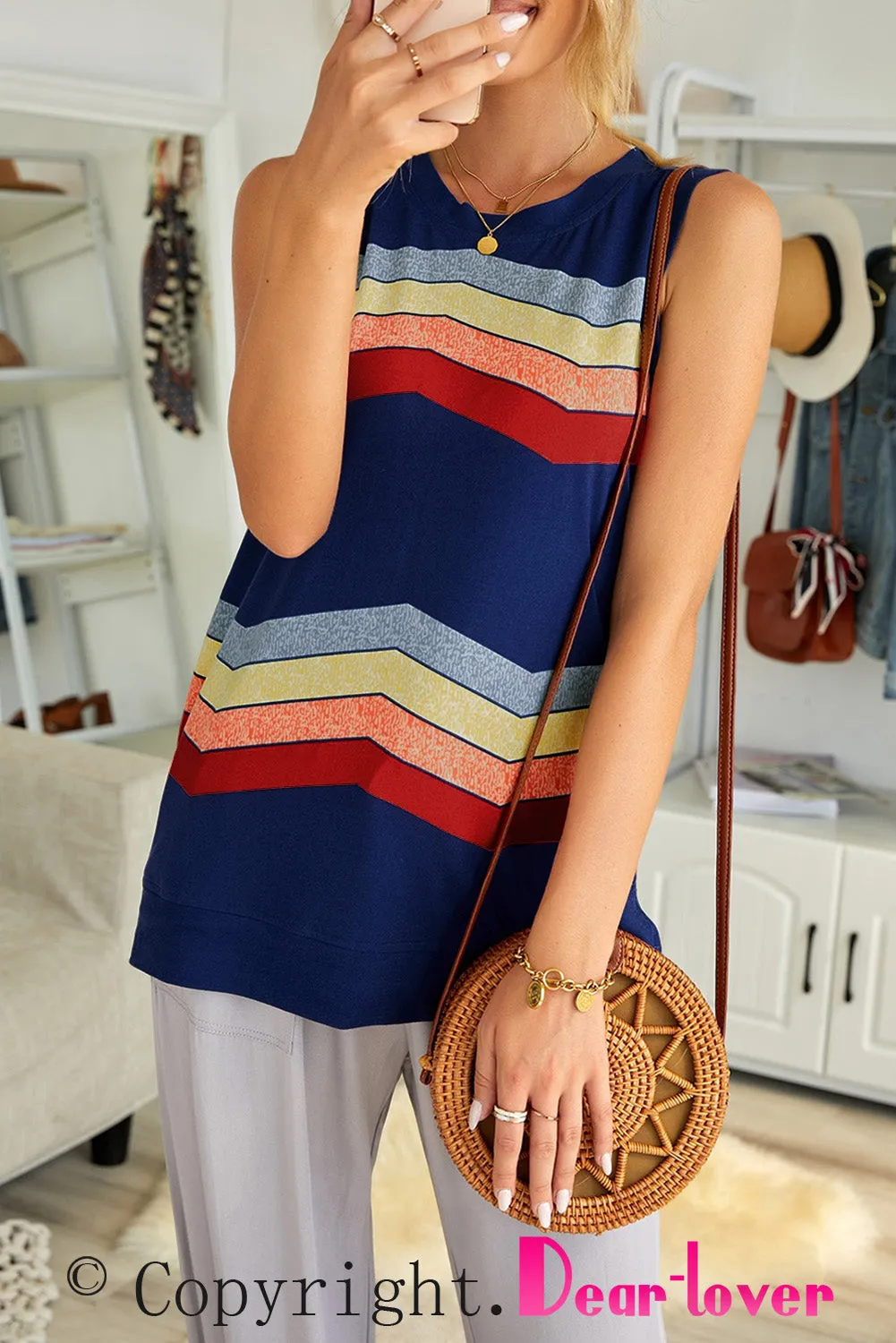 Women Crew Neck Tank Tops Summer Colorblock Sleeveless Stripes Shirts