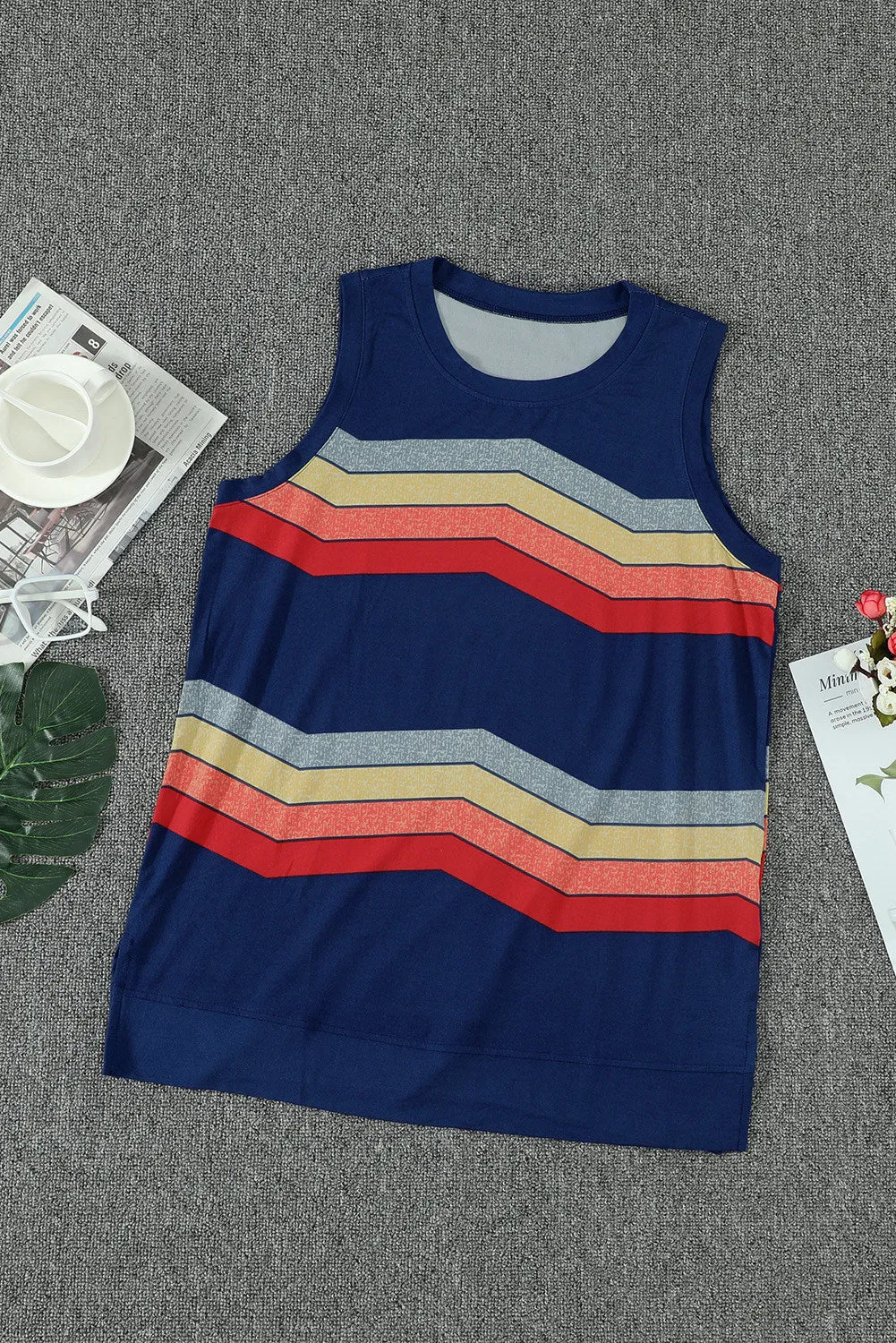 Women Crew Neck Tank Tops Summer Colorblock Sleeveless Stripes Shirts