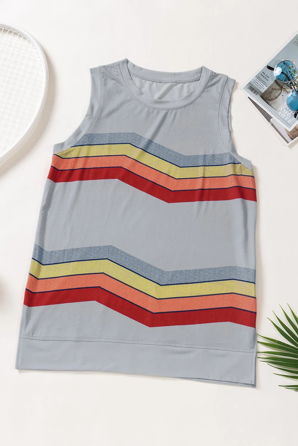 Women Crew Neck Tank Tops Summer Colorblock Sleeveless Stripes Shirts