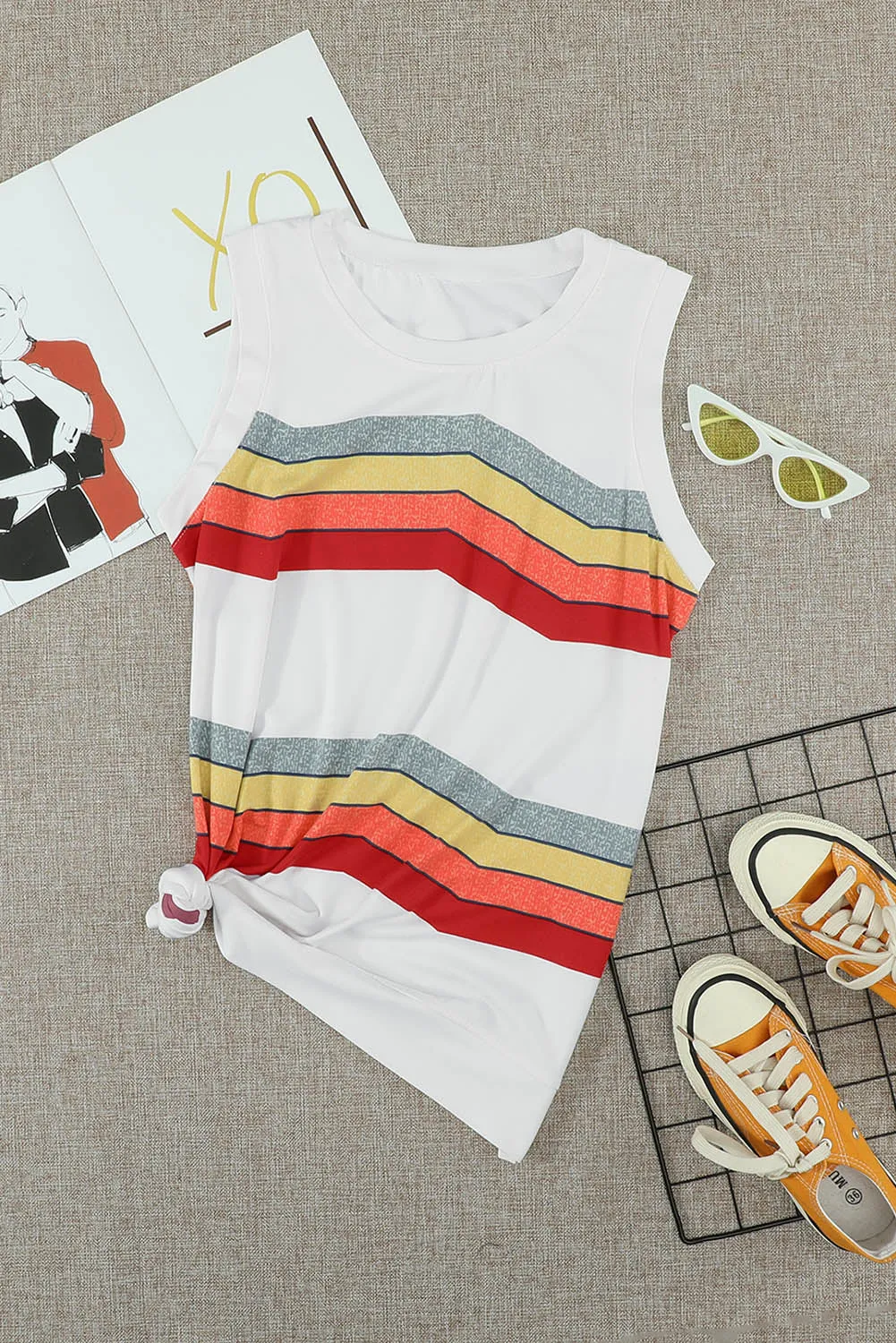 Women Crew Neck Tank Tops Summer Colorblock Sleeveless Stripes Shirts