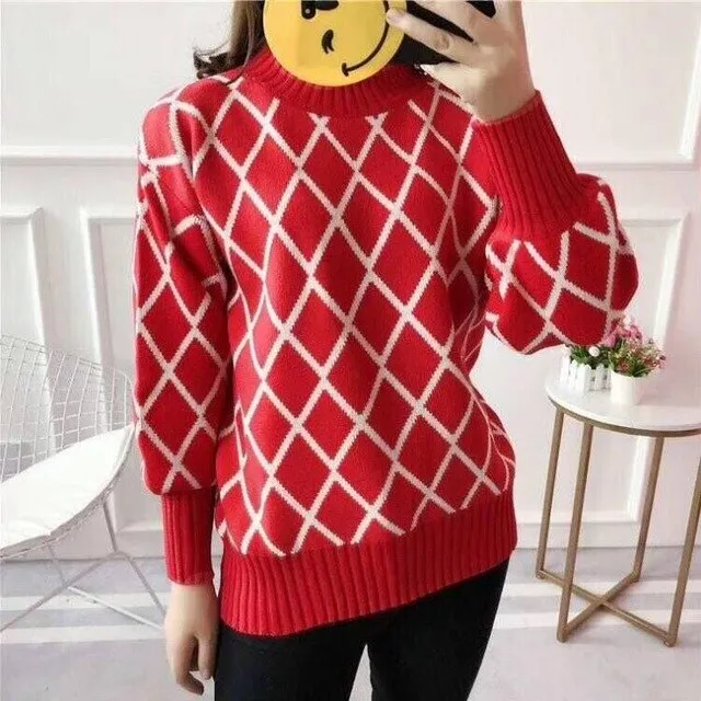 Women Lantern Sleeve Turtleneck Plaid Knitted Pullover Sweater Ladies Korean 2020