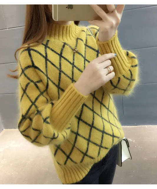 Women Lantern Sleeve Turtleneck Plaid Knitted Pullover Sweater Ladies Korean 2020