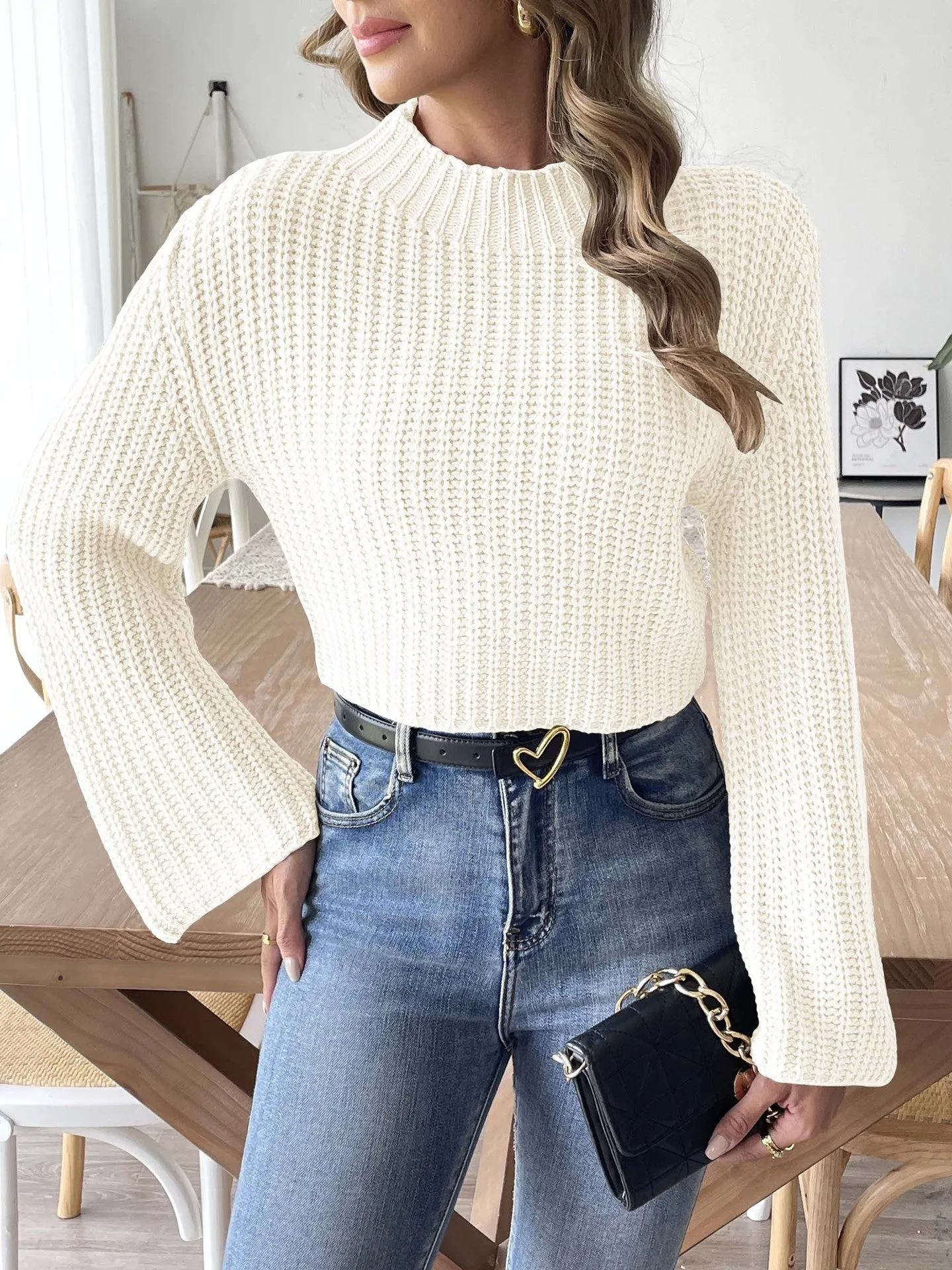 Women Short Cropped Top Woven Sweater Autumn Winter Bell Sleeve Half Turtleneck Pullover