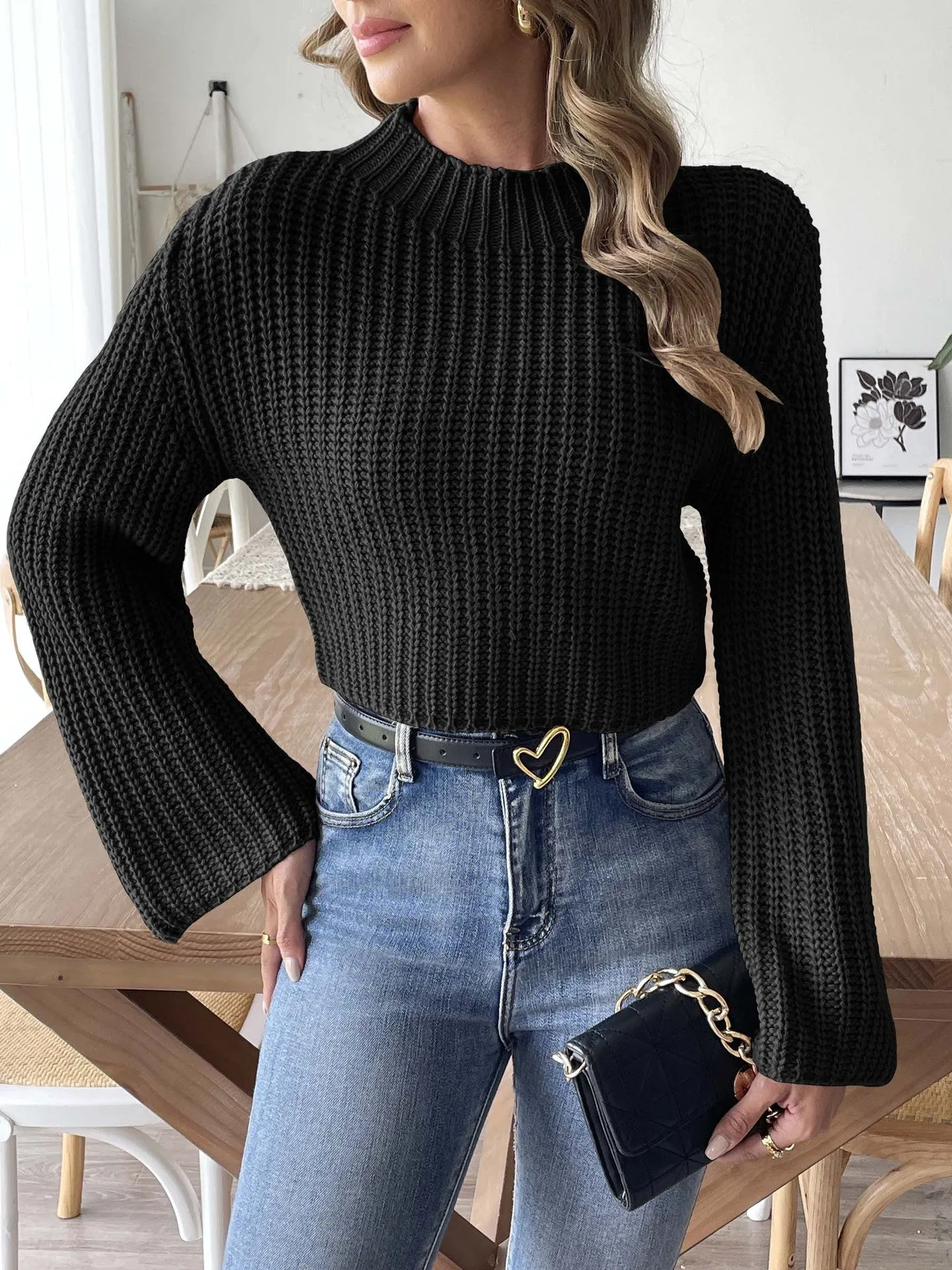 Women Short Cropped Top Woven Sweater Autumn Winter Bell Sleeve Half Turtleneck Pullover