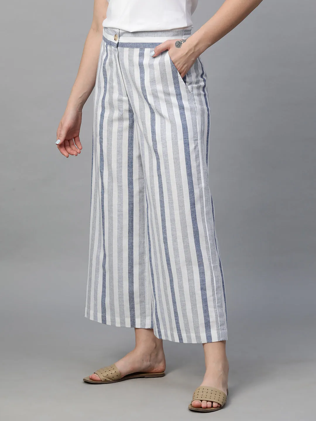 Women's Blue Cotton Linen Regular Fit Culotte