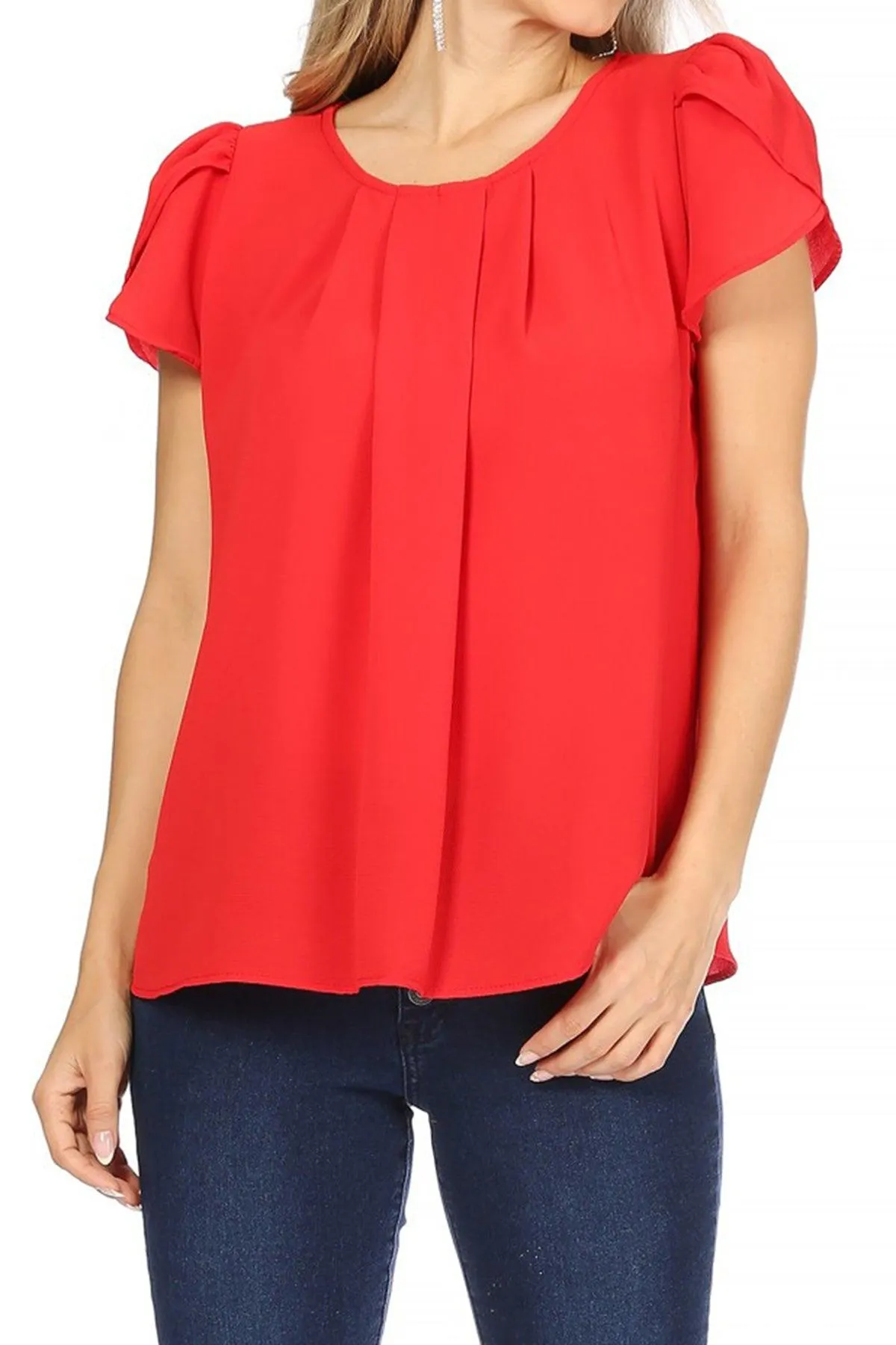 Women's Casual Solid Pleated Front Petal Cap Sleeve Round Neck Blouse