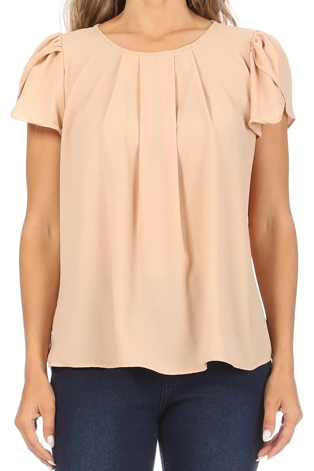 Women's Casual Solid Pleated Front Petal Cap Sleeve Round Neck Blouse