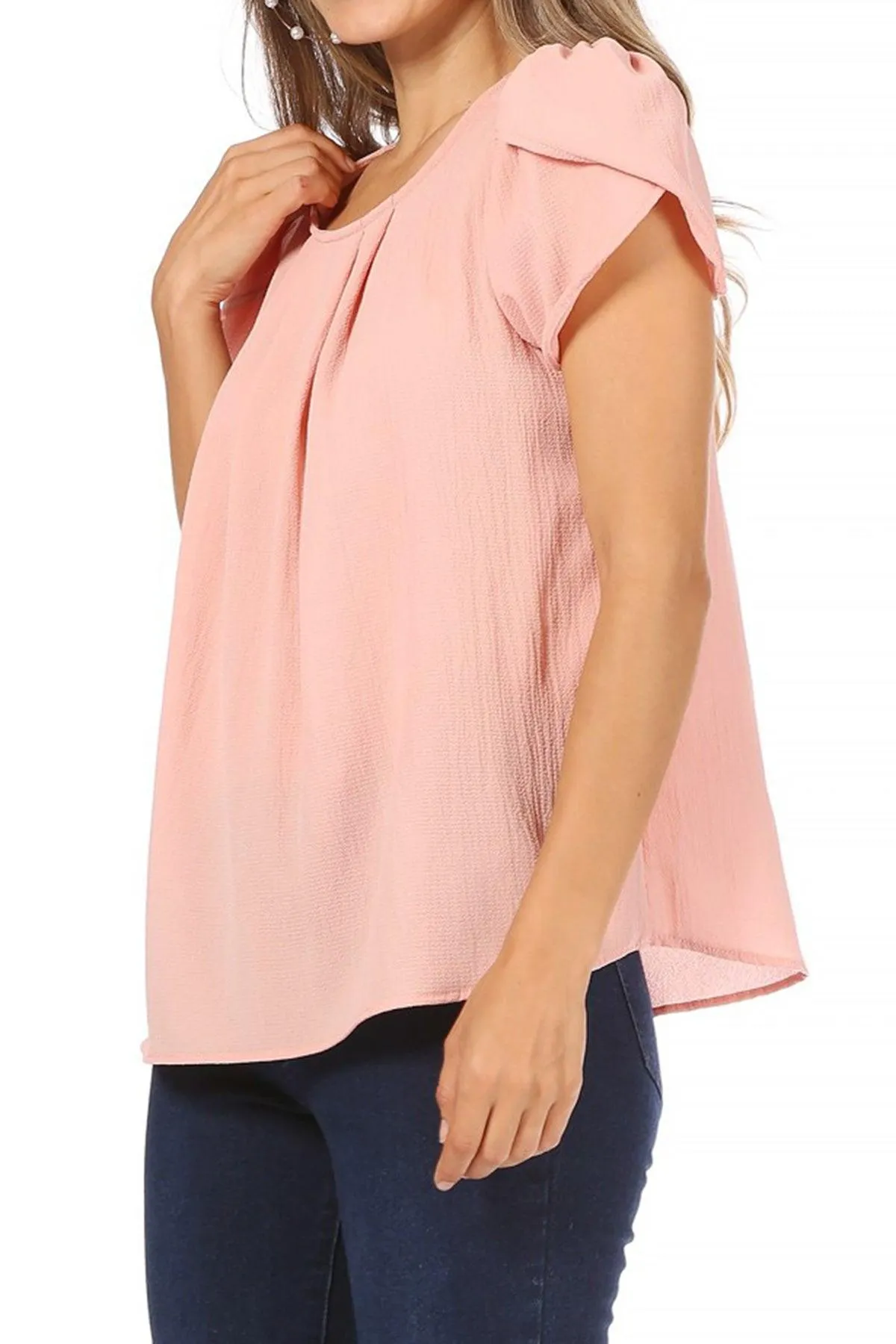 Women's Casual Solid Pleated Front Petal Cap Sleeve Round Neck Blouse