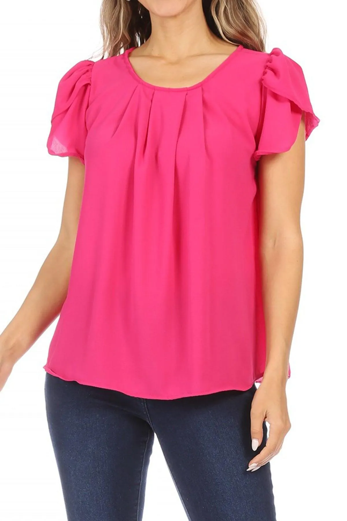 Women's Casual Solid Pleated Front Petal Cap Sleeve Round Neck Blouse