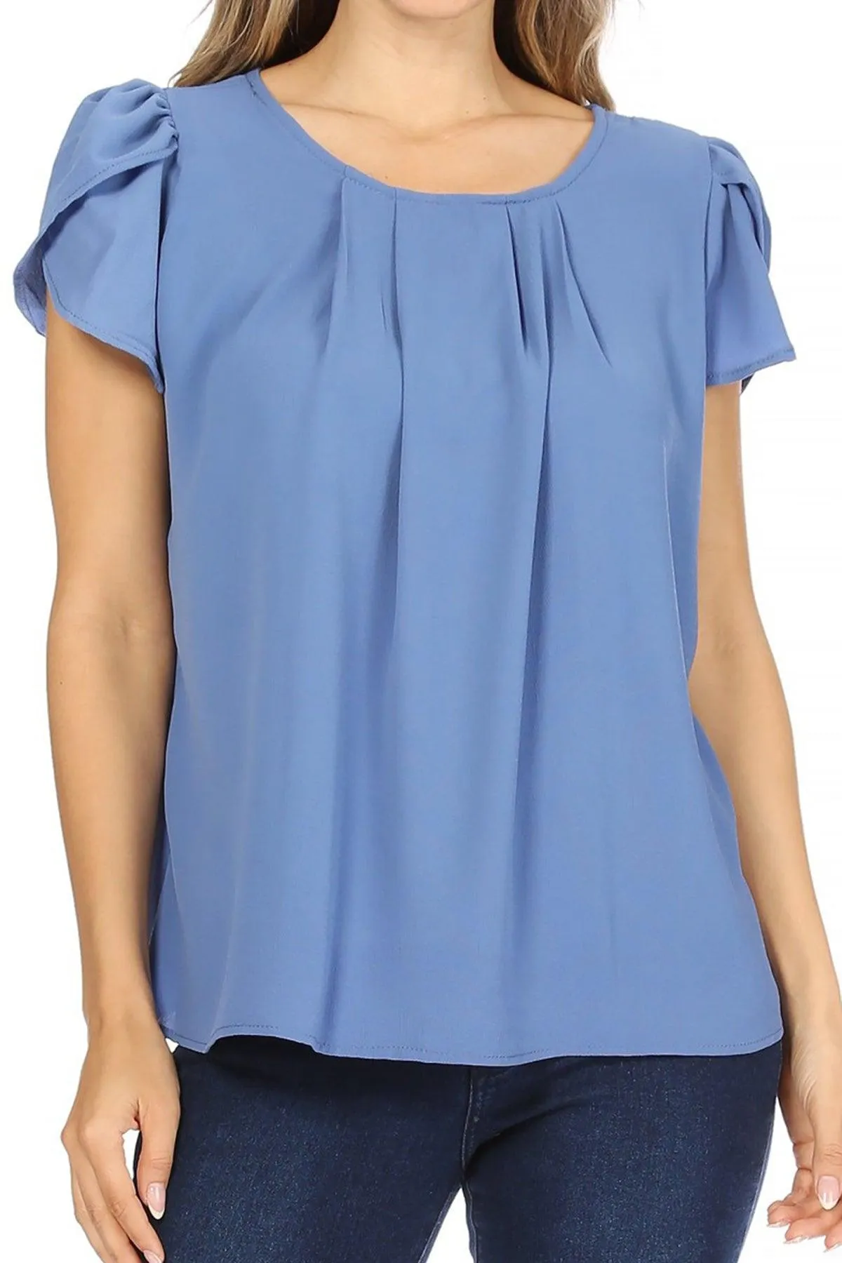 Women's Casual Solid Pleated Front Petal Cap Sleeve Round Neck Blouse