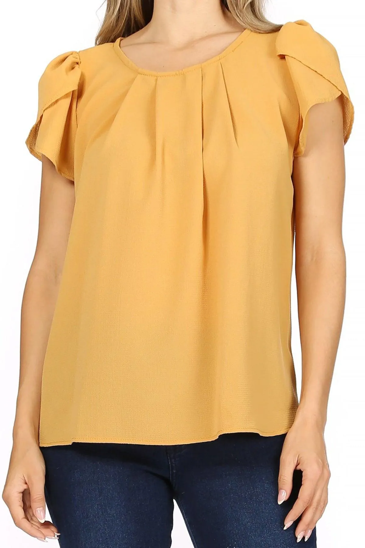 Women's Casual Solid Pleated Front Petal Cap Sleeve Round Neck Blouse