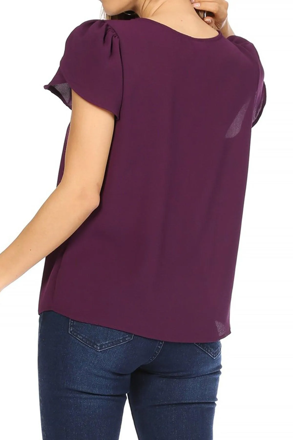 Women's Casual Solid Pleated Front Petal Cap Sleeve Round Neck Blouse