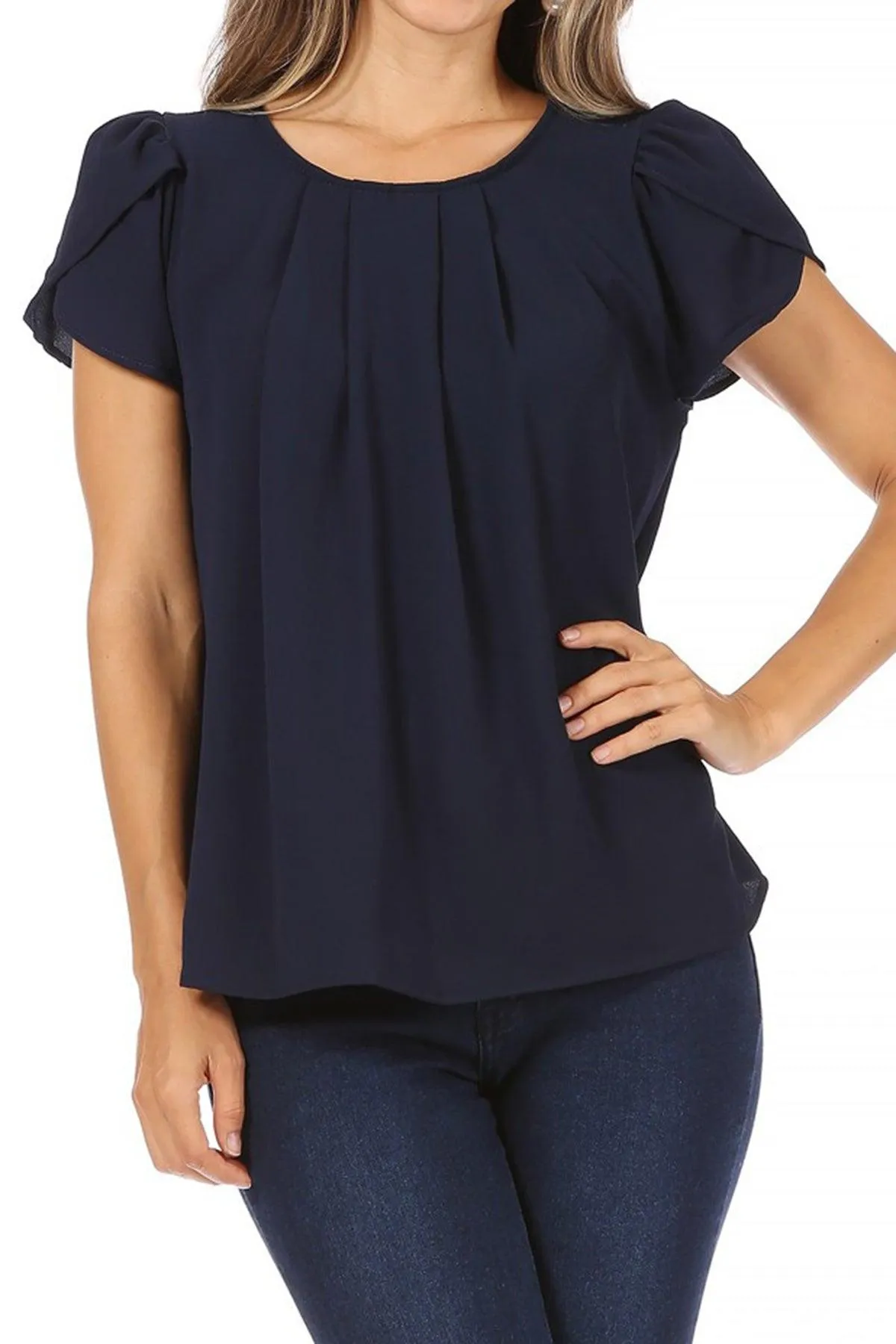 Women's Casual Solid Pleated Front Petal Cap Sleeve Round Neck Blouse