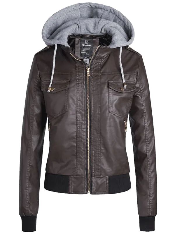 Women's Hooded Faux Leather Jacket Moto Biker Jacket WD