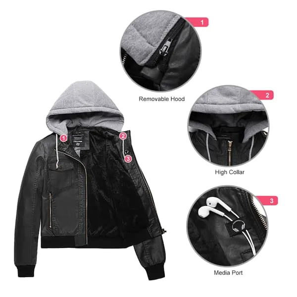 Women's Hooded Faux Leather Jacket Moto Biker Jacket WD