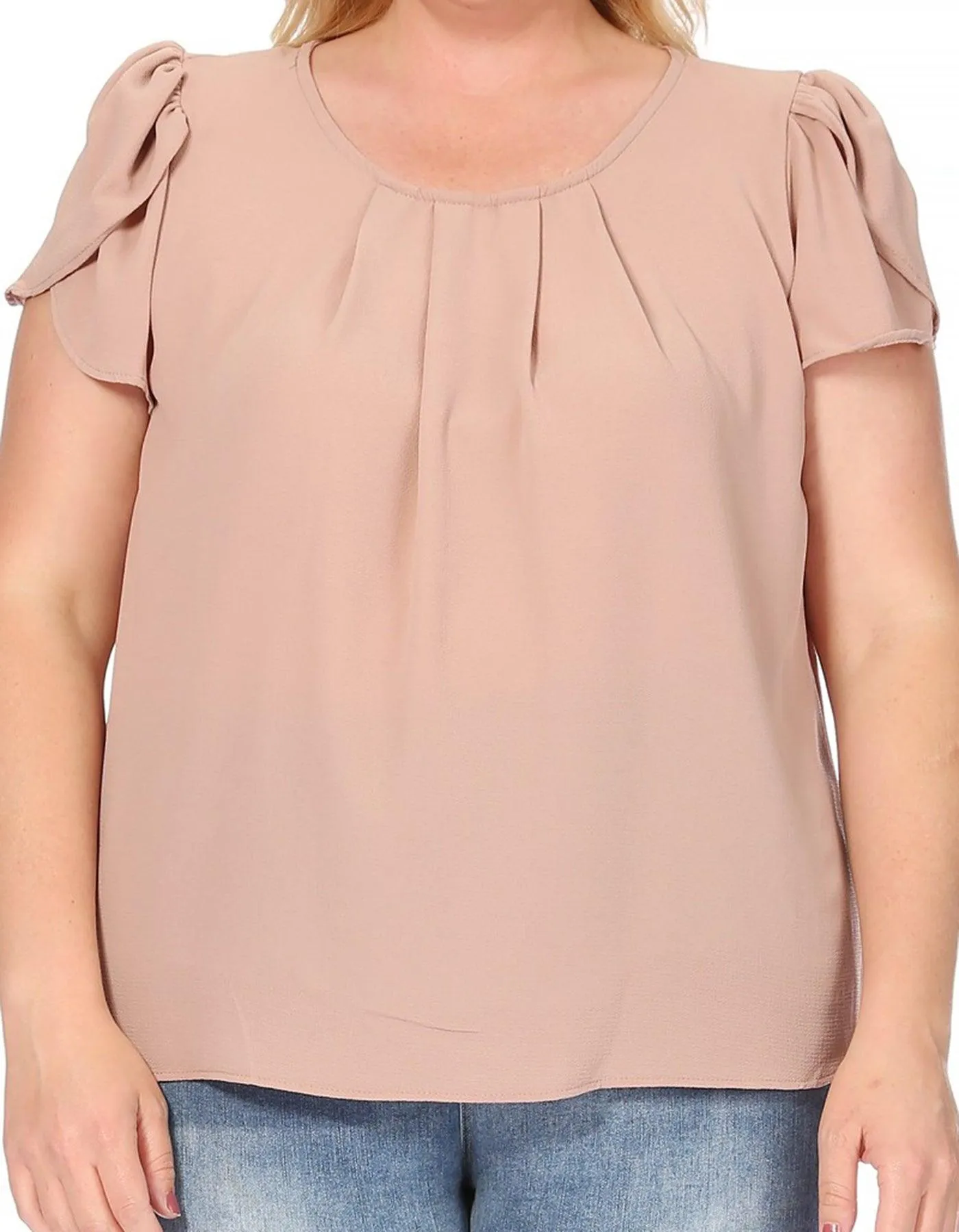 Women's Plus Size Casual Solid Pleated Front Petal Cap Sleeve Round Neck Blouse