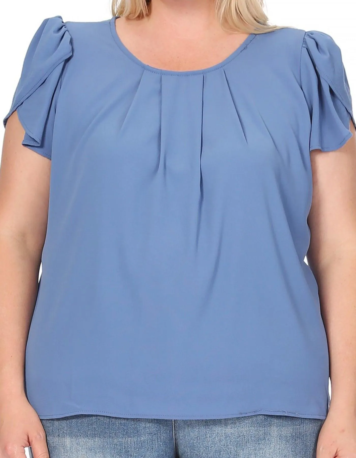 Women's Plus Size Casual Solid Pleated Front Petal Cap Sleeve Round Neck Blouse