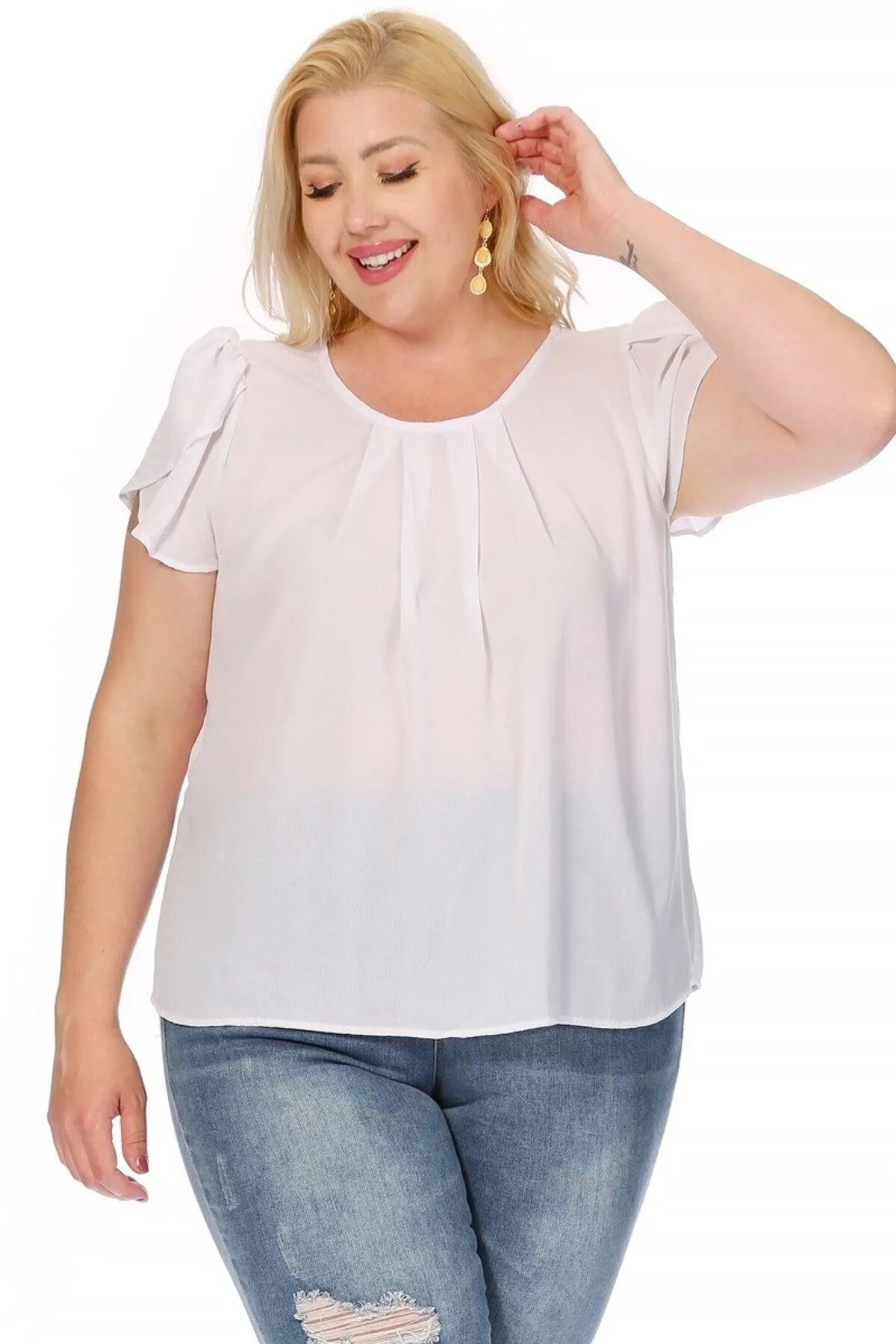 Women's Plus Size Casual Solid Pleated Front Petal Cap Sleeve Round Neck Blouse