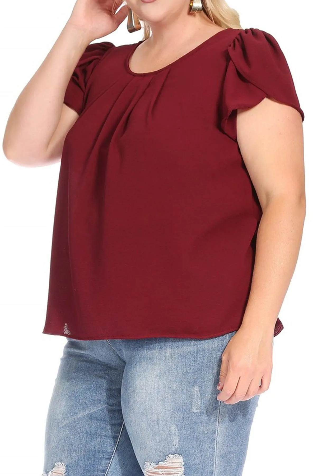 Women's Plus Size Casual Solid Pleated Front Petal Cap Sleeve Round Neck Blouse