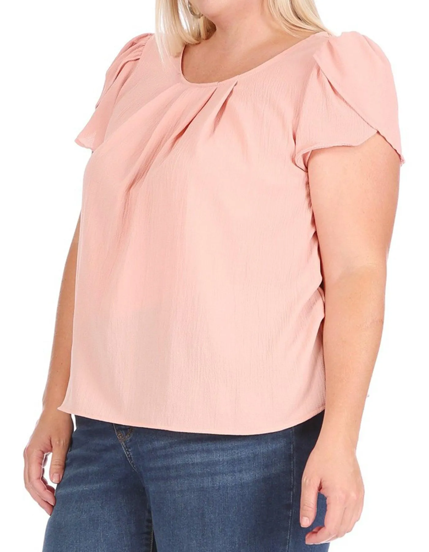 Women's Plus Size Casual Solid Pleated Front Petal Cap Sleeve Round Neck Blouse