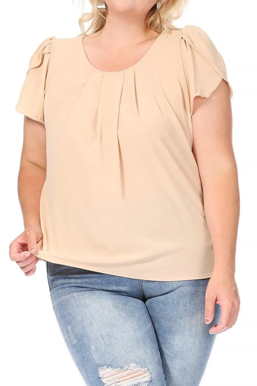 Women's Plus Size Casual Solid Pleated Front Petal Cap Sleeve Round Neck Blouse