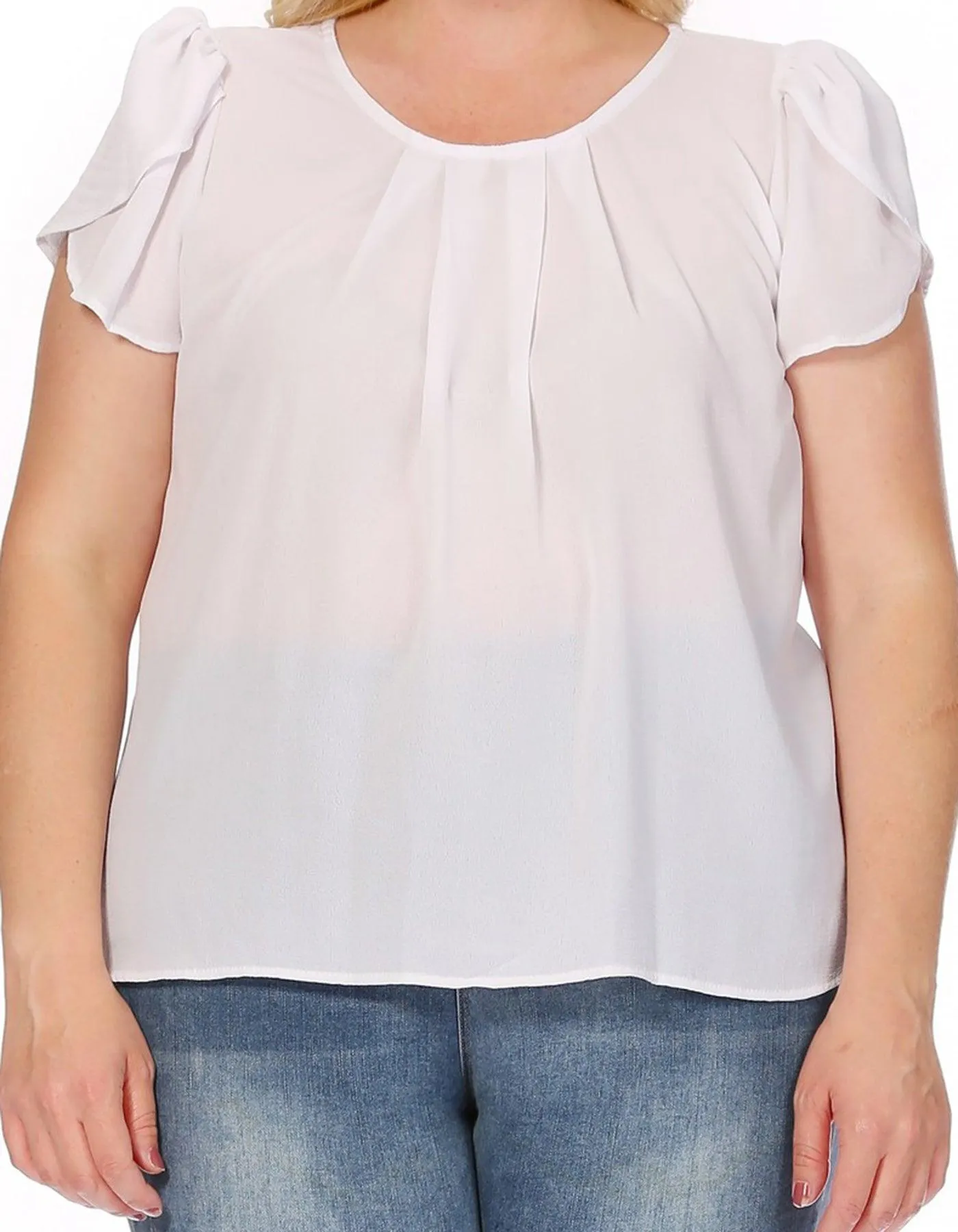 Women's Plus Size Casual Solid Pleated Front Petal Cap Sleeve Round Neck Blouse