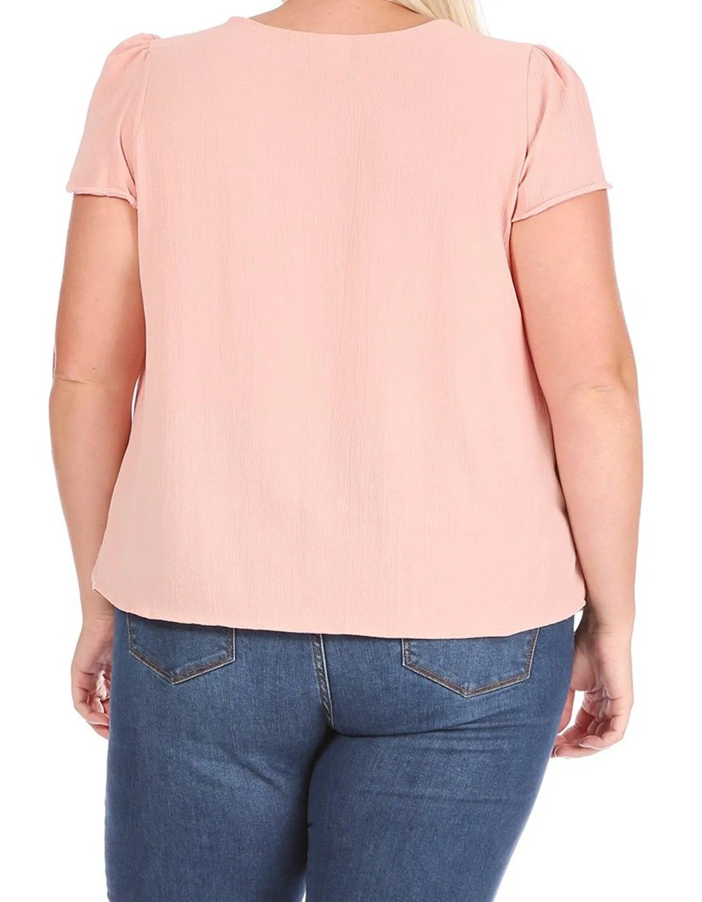 Women's Plus Size Casual Solid Pleated Front Petal Cap Sleeve Round Neck Blouse