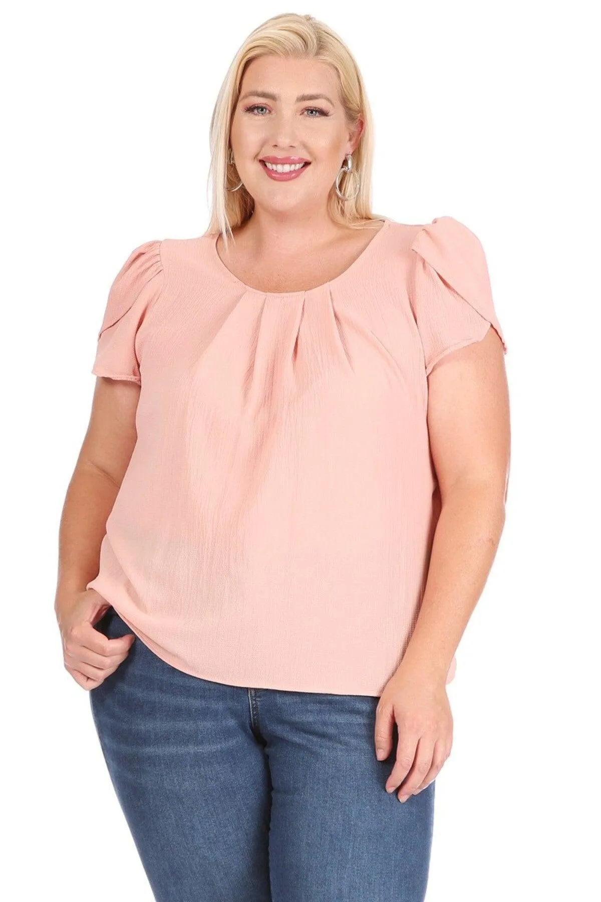 Women's Plus Size Casual Solid Pleated Front Petal Cap Sleeve Round Neck Blouse