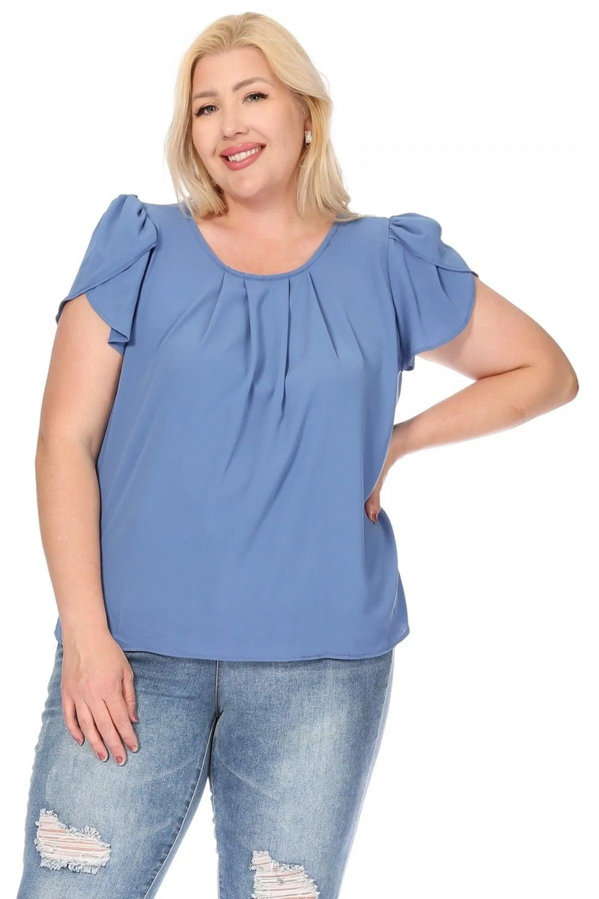 Women's Plus Size Casual Solid Pleated Front Petal Cap Sleeve Round Neck Blouse