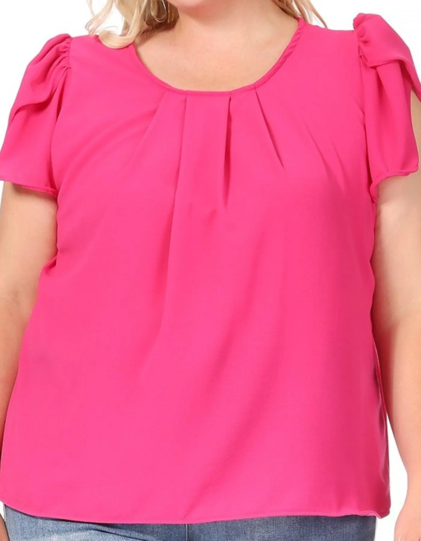 Women's Plus Size Casual Solid Pleated Front Petal Cap Sleeve Round Neck Blouse