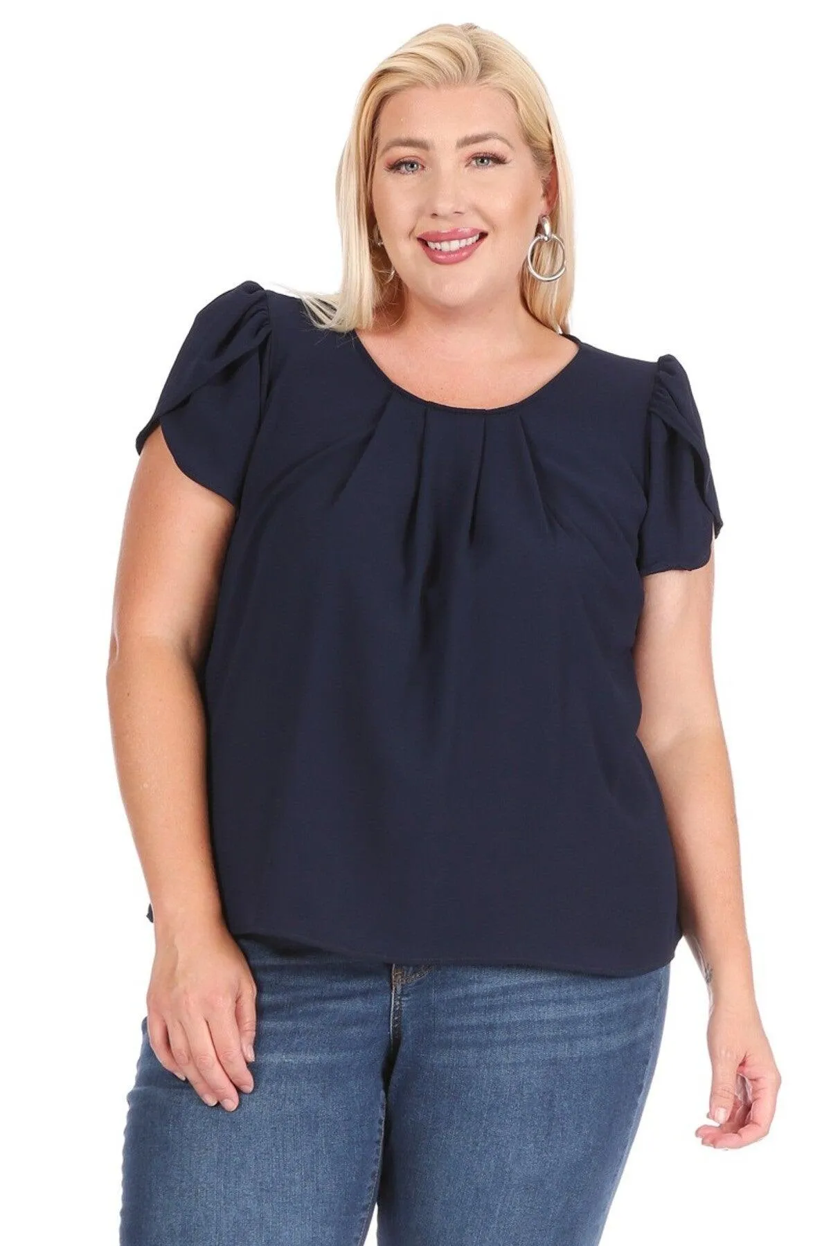 Women's Plus Size Casual Solid Pleated Front Petal Cap Sleeve Round Neck Blouse