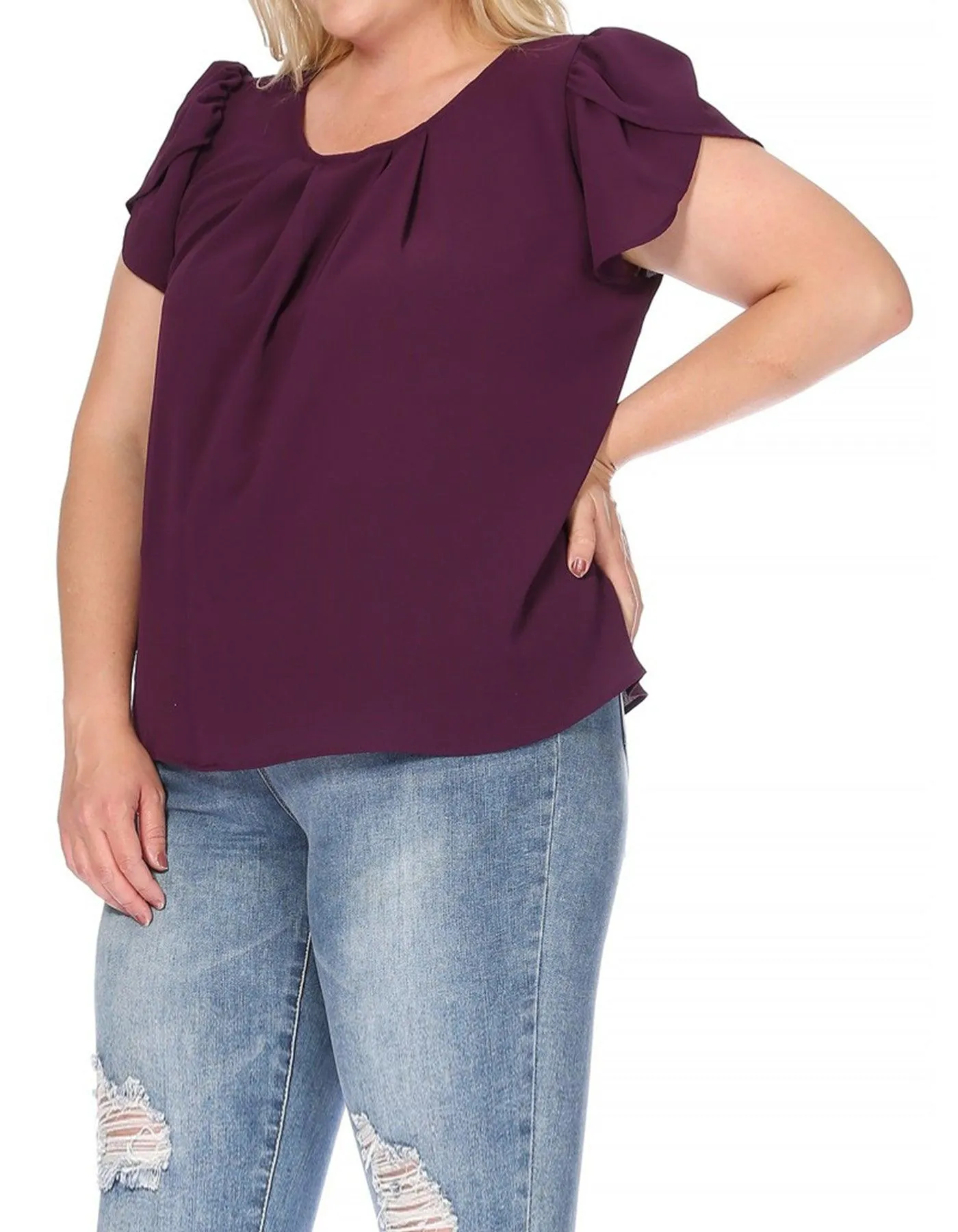 Women's Plus Size Casual Solid Pleated Front Petal Cap Sleeve Round Neck Blouse