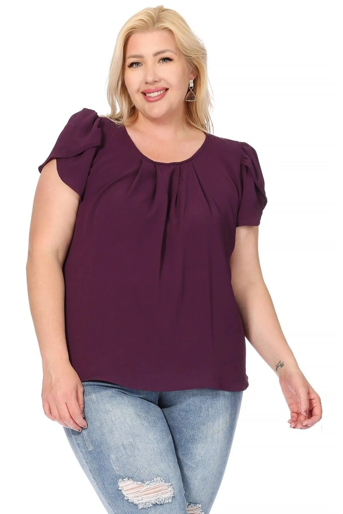 Women's Plus Size Casual Solid Pleated Front Petal Cap Sleeve Round Neck Blouse