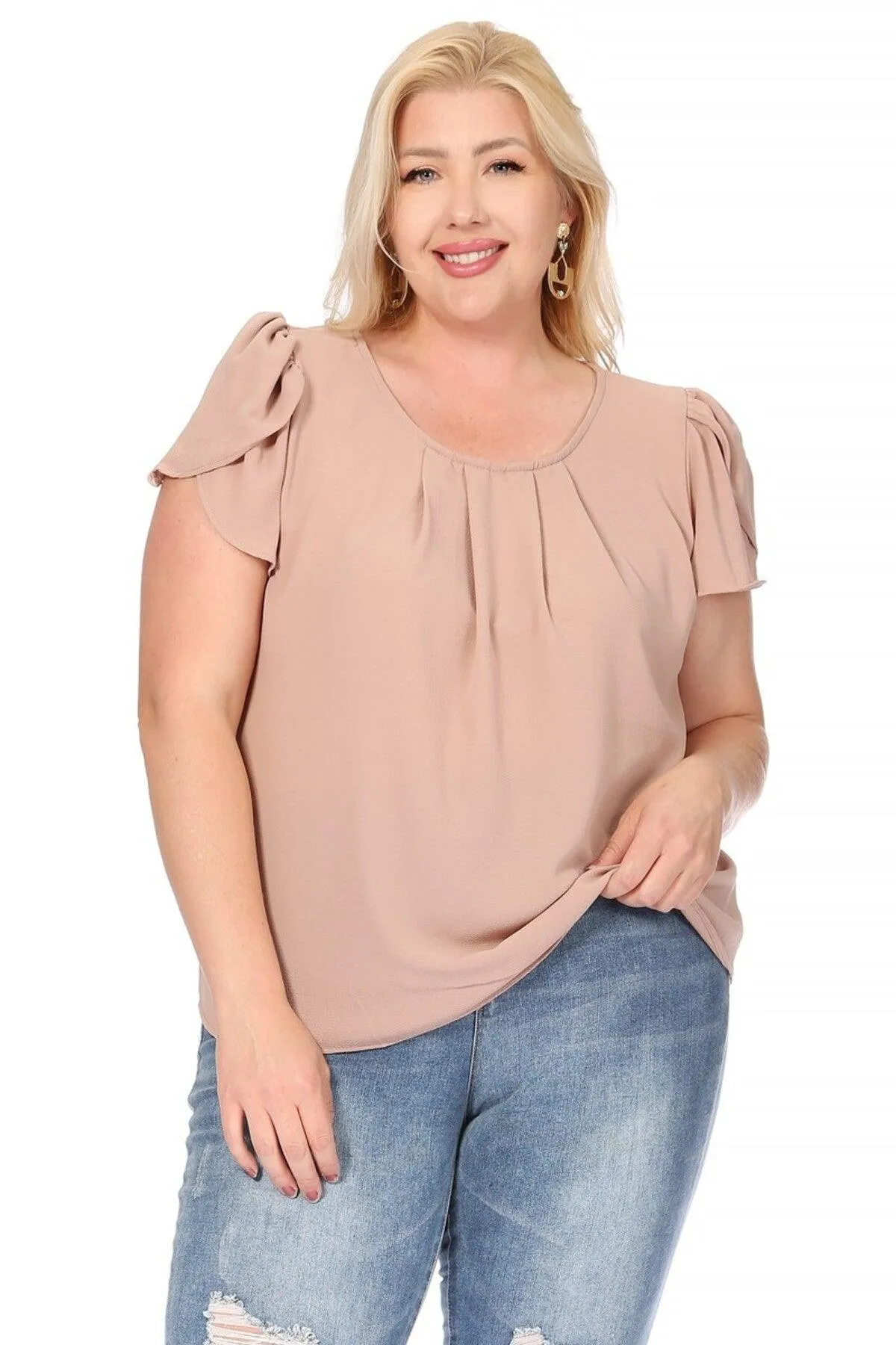 Women's Plus Size Casual Solid Pleated Front Petal Cap Sleeve Round Neck Blouse