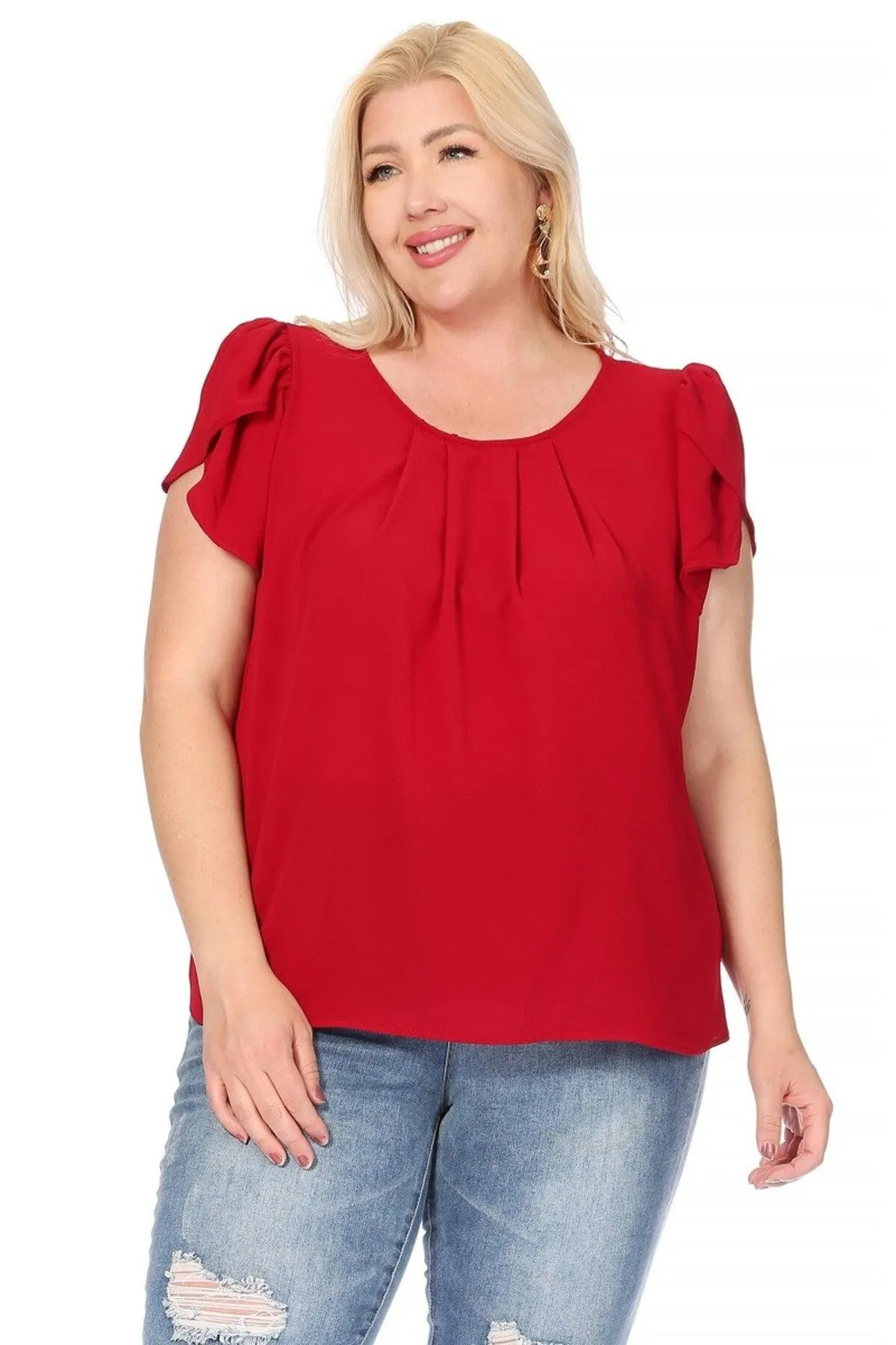 Women's Plus Size Casual Solid Pleated Front Petal Cap Sleeve Round Neck Blouse