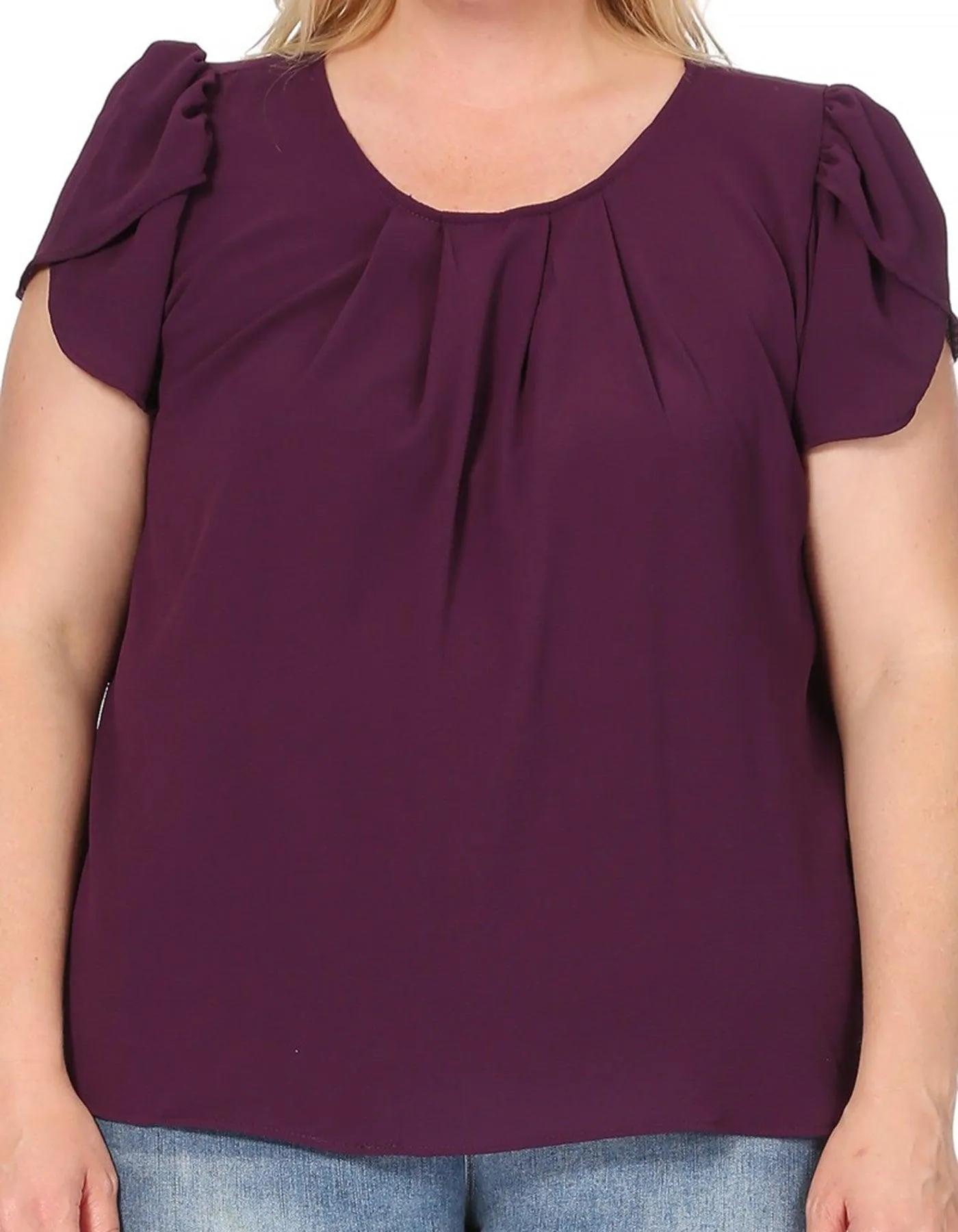 Women's Plus Size Casual Solid Pleated Front Petal Cap Sleeve Round Neck Blouse