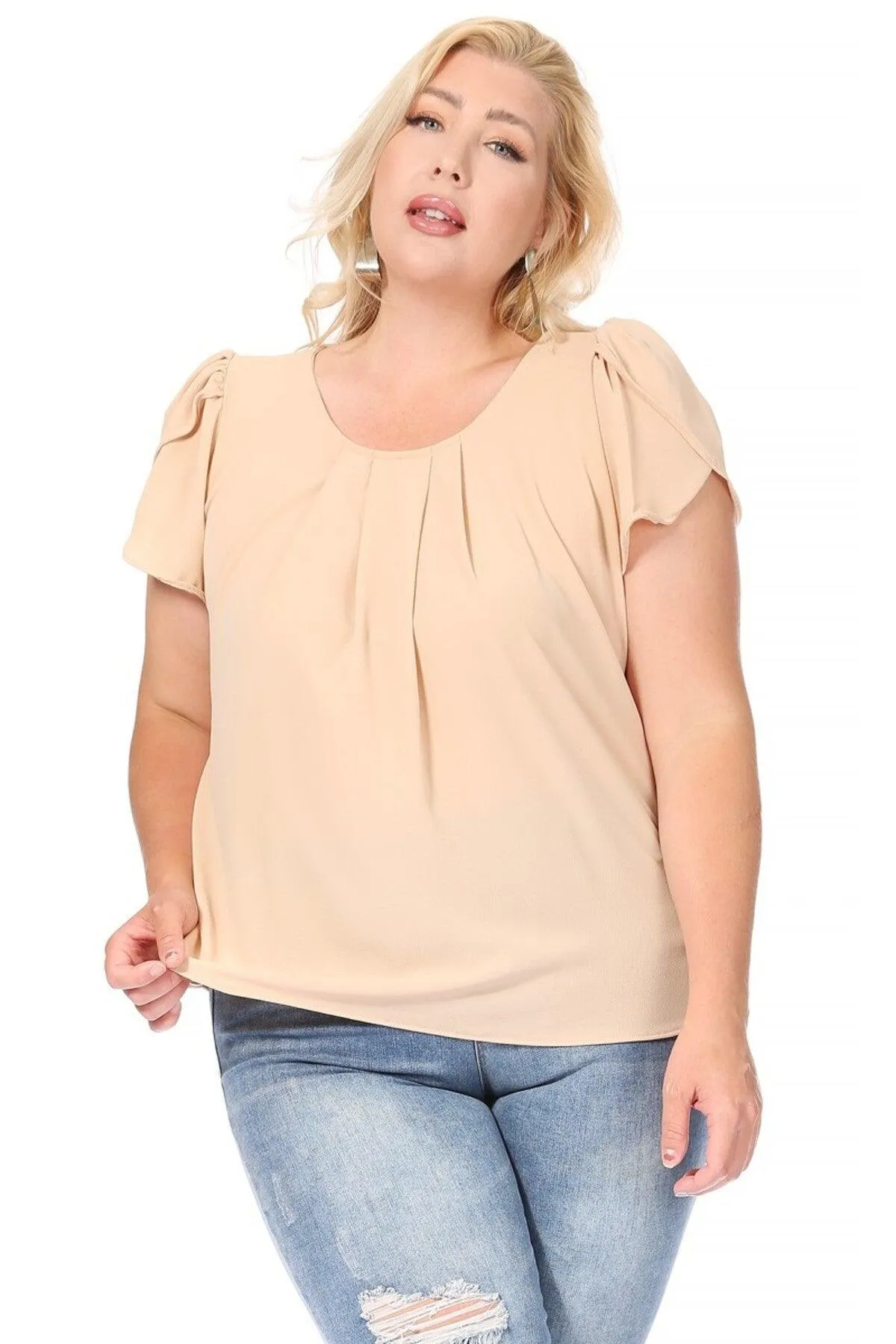 Women's Plus Size Casual Solid Pleated Front Petal Cap Sleeve Round Neck Blouse