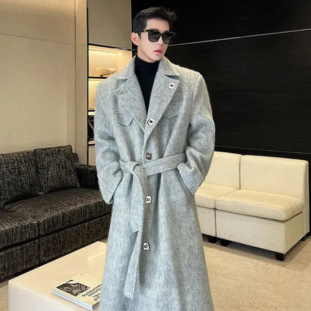 Woolen Belt Solid Long Coat