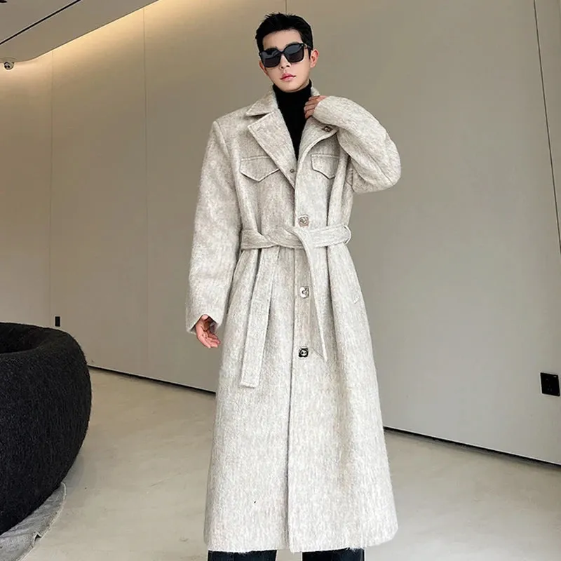 Woolen Belt Solid Long Coat