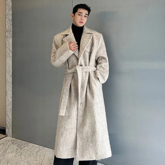 Woolen Belt Solid Long Coat