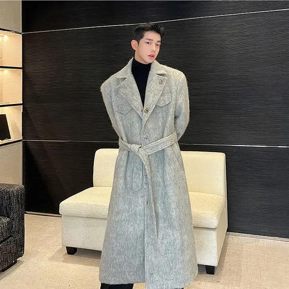 Woolen Belt Solid Long Coat